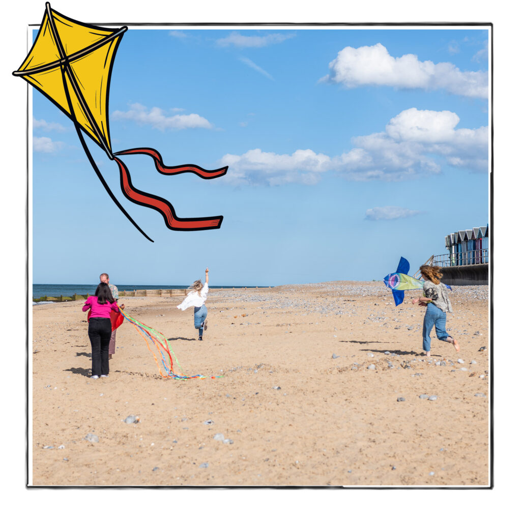 Image of a group of people flying kites on the beach in Norfolk, UK. It is framed by a sketch line and overlaid with a hand drawn image of a kite