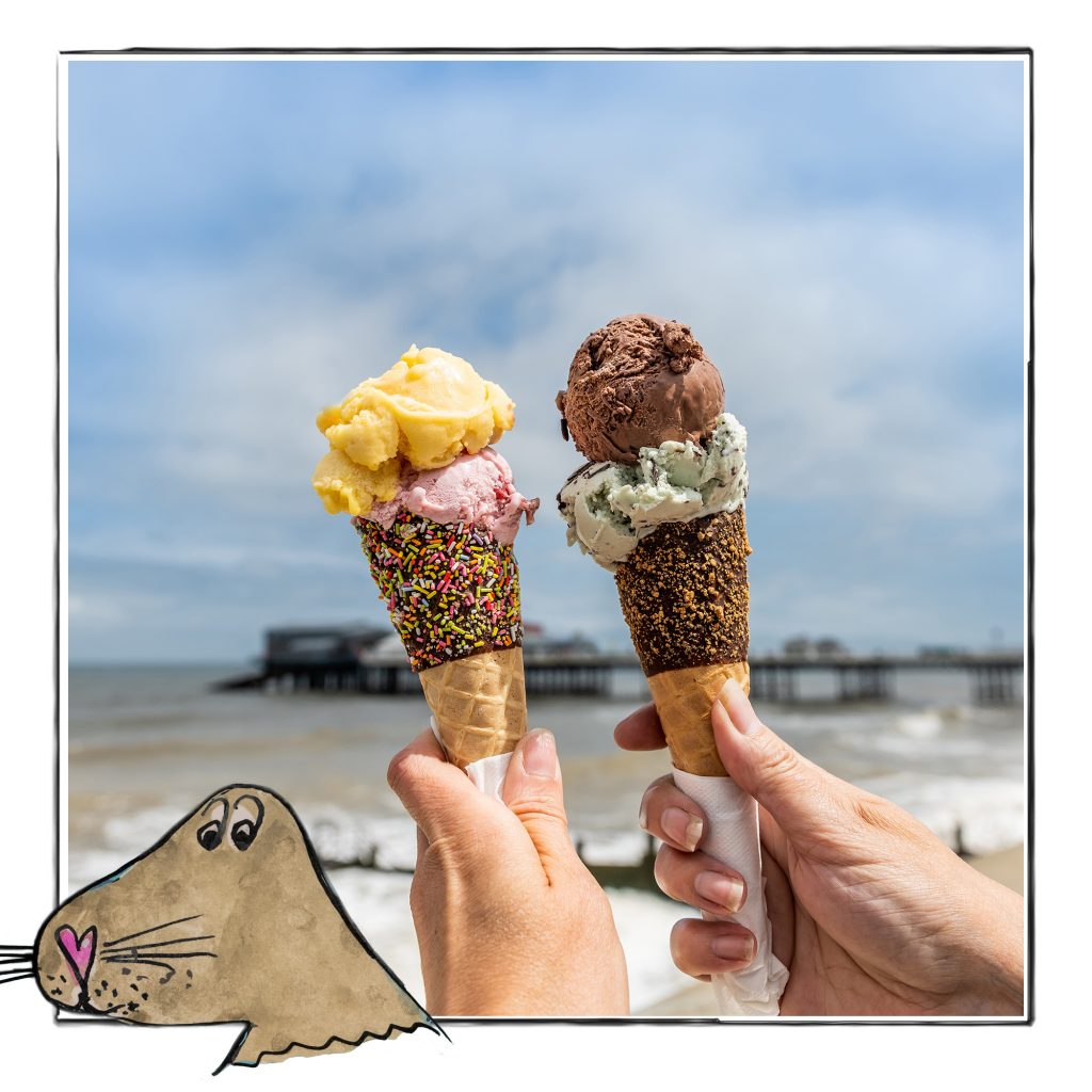 Image of two artisan ice cream cones against a background of the pier on Norfolk, UK, framed with a sketch line and overlaid with a hand drawn image of a seal